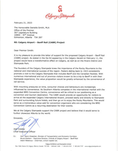 Calgary Stampede | Calgary Airport Banff Rail Letter of Support