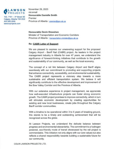 Lawson Projects | Calgary Airport Banff Rail Support Letter