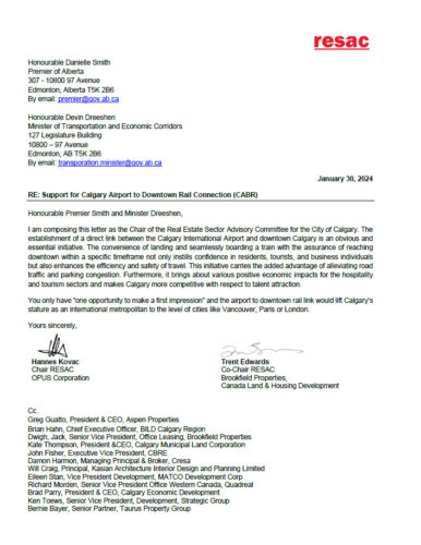 Real Estate Sector Advisory Committee | Calgary Airport Banff Rail Support Letter